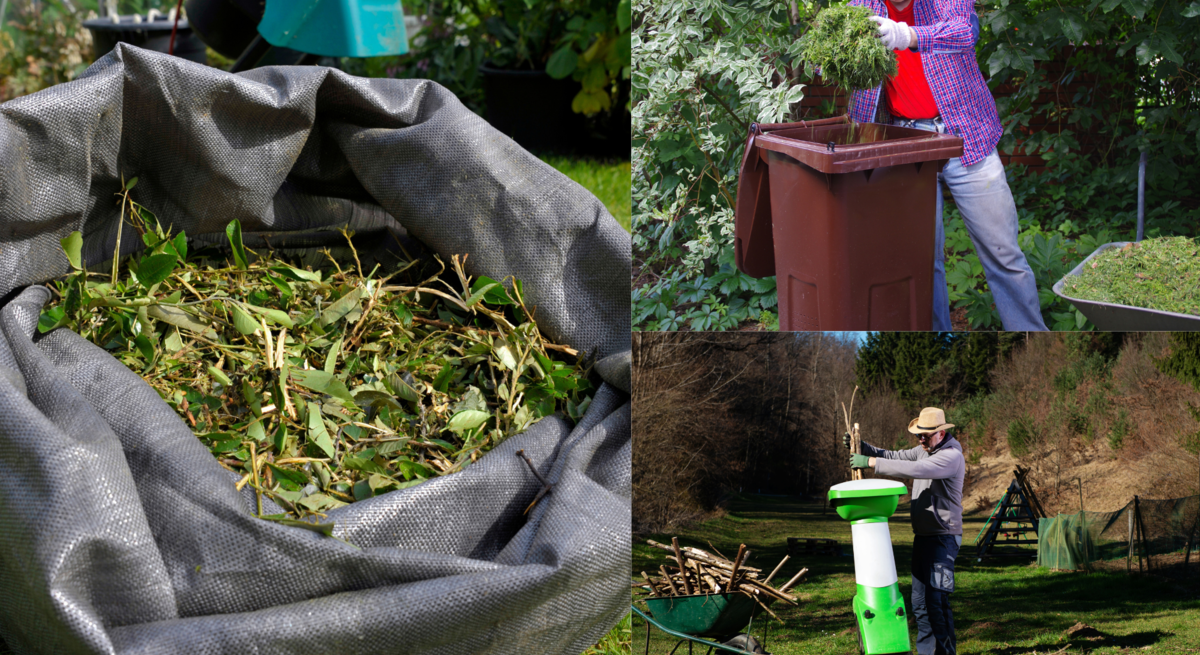 Zwei Männer zerkleinern Äste mit Häckslern und befüllen im Garten Säcke und eine Biotonne mit frischem Grünschnitt.