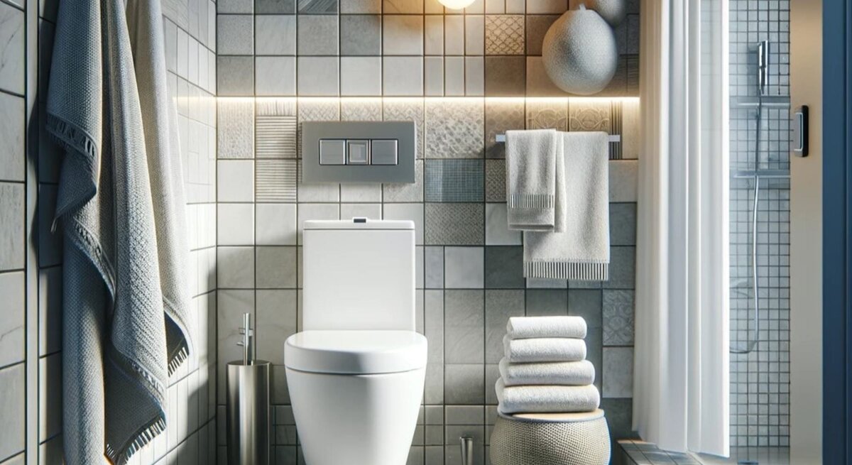 Ein Badezimmer in der Frontalansicht. Zu sehen ist die Toilette, Duschvorhang, Handtücher und die Kllobürste.