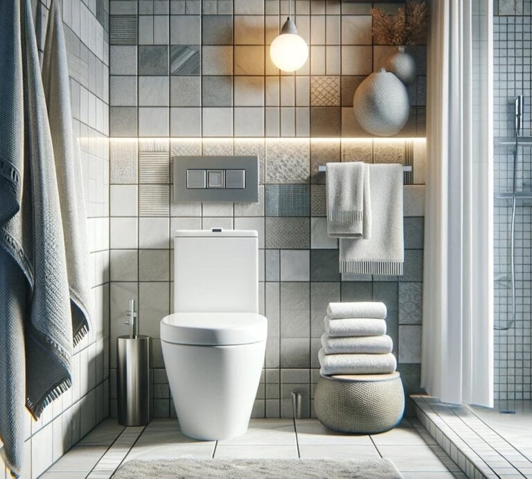 Ein Badezimmer in der Frontalansicht. Zu sehen ist die Toilette, Duschvorhang, Handtücher und die Kllobürste. | © erstellt mit ChatGPT 4