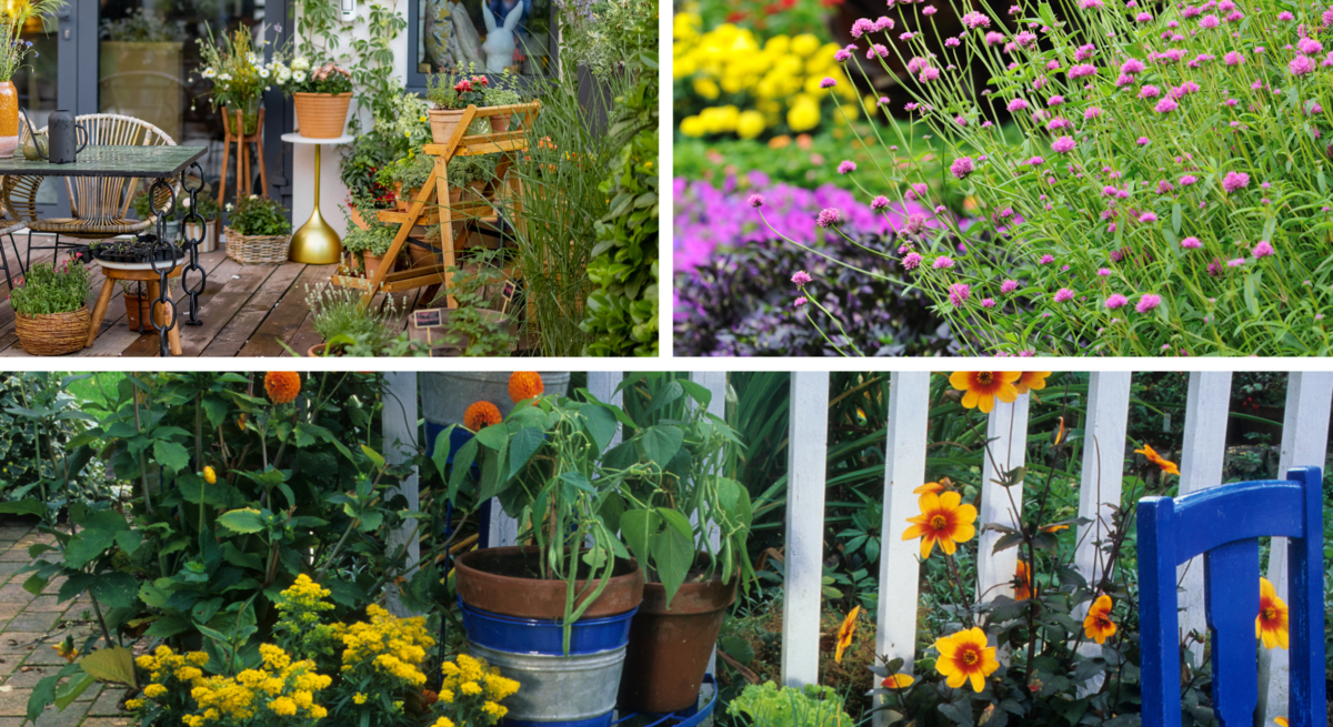 Liebevoll bepflanzter Balkon mit Holzmöbeln und Blumentöpfen, daneben bunte Sommerblumen und Gemüsepflanzen am Zaun.