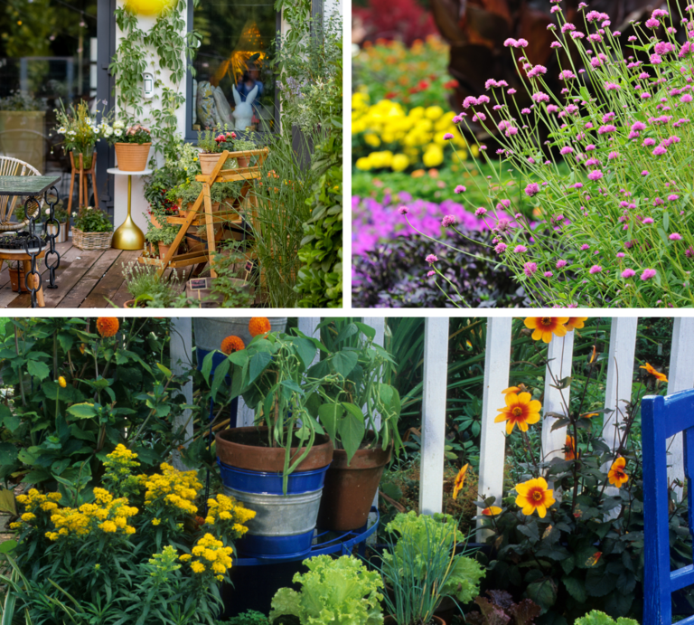 Liebevoll bepflanzter Balkon mit Holzmöbeln und Blumentöpfen, daneben bunte Sommerblumen und Gemüsepflanzen am Zaun. | © canva [M]