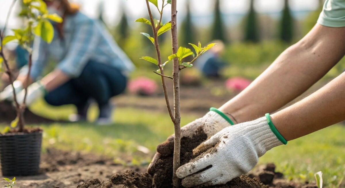 Zwei Personen mit Gartenhandschuhen pflanzen bei Sonnenschein junge Bäumchen in lockere Erde auf einer grünen Wiese.