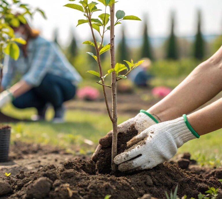 Zwei Personen mit Gartenhandschuhen pflanzen bei Sonnenschein junge Bäumchen in lockere Erde auf einer grünen Wiese. | © Shutterstock/Larek