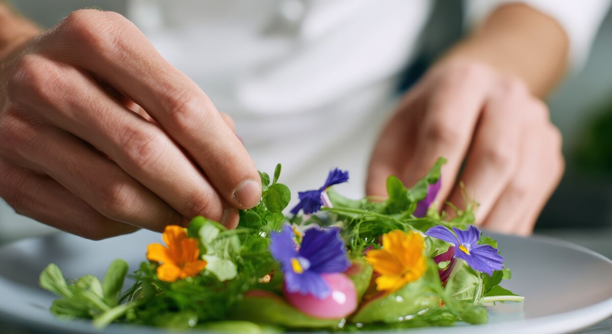 Ein Koch in weißer Kleidung garniert mit präziser Handbewegung einen frischen Salat mit essbaren Blüten und Kräutern auf einem Teller.