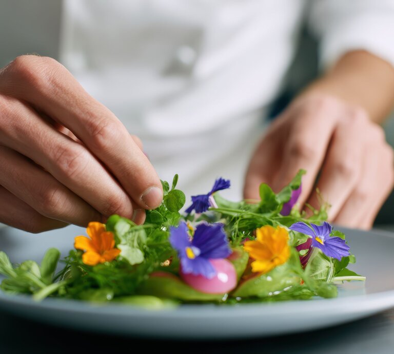 Ein Koch in weißer Kleidung garniert mit präziser Handbewegung einen frischen Salat mit essbaren Blüten und Kräutern auf einem Teller. | © Adobe Stock/ Firadoaw