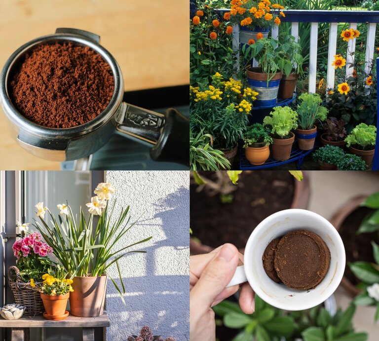 Vier Garten- und Kaffeebilder zeigen Blumentöpfe, Gemüsebeet, Kaffeesatz im Siebträger und eine Hand mit leerer Tasse. | © Canva/Collage:bildderfrau.de