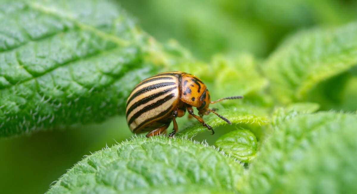 Nahaufnahme eines gestreiften Kartoffelkäfers auf frischem, behaartem Kartoffelblatt im satten Grün des Pflanzenhintergrunds.