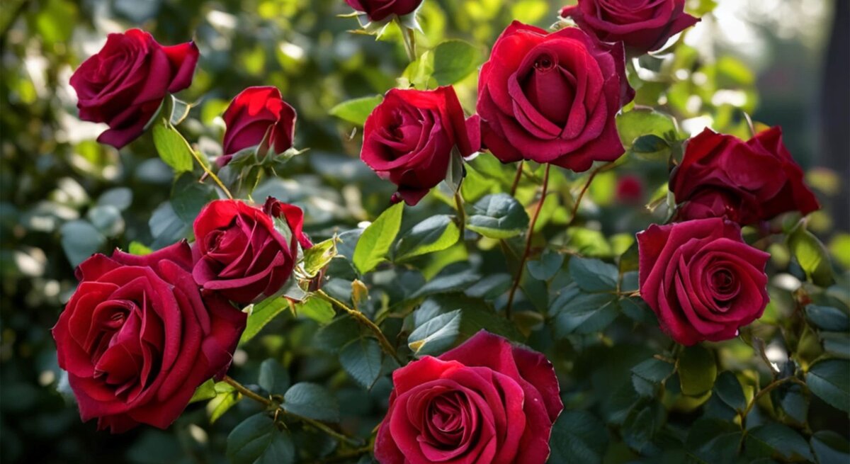 Üppige rote Rosenblüten an grünen Sträuchern leuchten im Sonnenlicht in einem sommerlichen Garten.