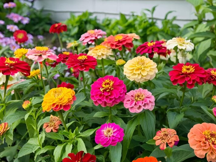 Bunte Zinnien in Pink, Rot, Gelb und Orange blühen üppig in einem sonnigen Gartenbeet vor grüner Hecke und Hauswand. | © Shutterstock/xxposure