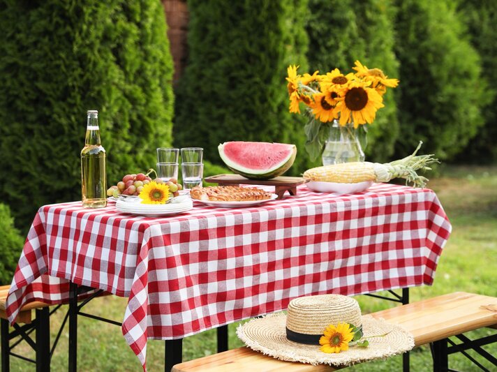 Sommerlich gedeckter Gartentisch mit rot-weiß karierter Tischdecke, Obst, Maiskolben und Sonnenblumen vor grünen Hecken. | © Shutterstock/New Africa