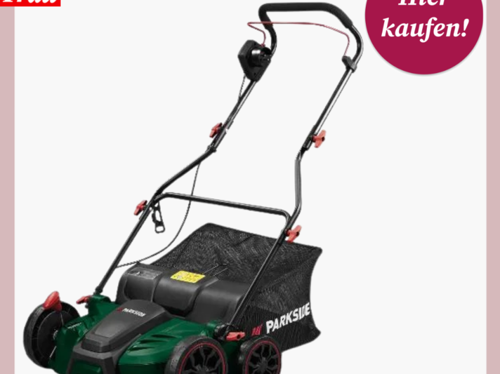 Elektrischer Vertikutierer von Parkside mit schwarzem Fangsack, grünem Gehäuse und roten Akzenten vor weißem Hintergrund. | © Lidl 