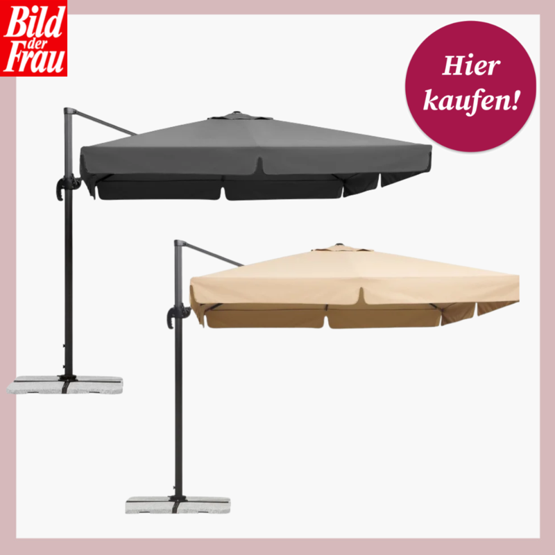 Zwei moderne Ampelschirme in Anthrazit und Natur mit stabilem Metallgestell und Betonfuß, nebeneinander vor weißem Hintergrund. | © Lidl 