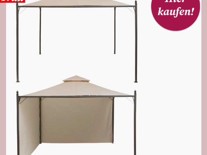 Beige Lidl-Pavillon mit dunkelgrauem Metallgestell, einmal offen und einmal mit zwei seitlichen Sichtschutzwänden gezeigt. | © Lidl 