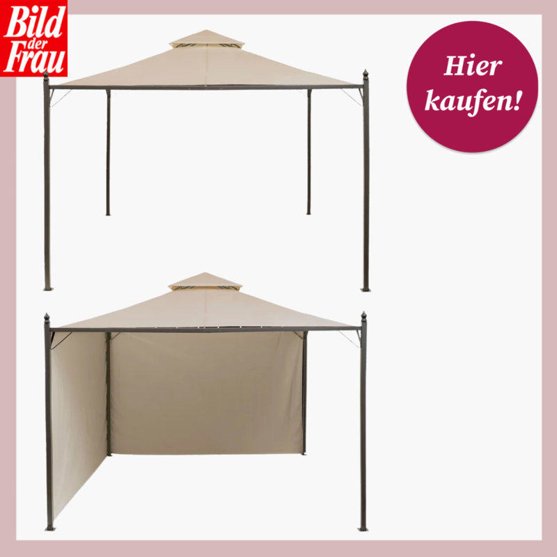 Beige Lidl-Pavillon mit dunkelgrauem Metallgestell, einmal offen und einmal mit zwei seitlichen Sichtschutzwänden gezeigt. | © Lidl 