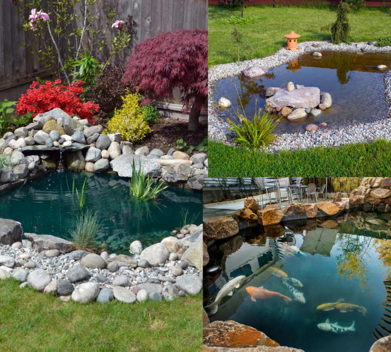 Drei unterschiedlich gestaltete Gartenteiche mit Steinen eingefasst, umgeben von Blumen, Rasen und asiatisch inspirierten Deko-Elementen. | © Canva/Collage:bildderfrau.de