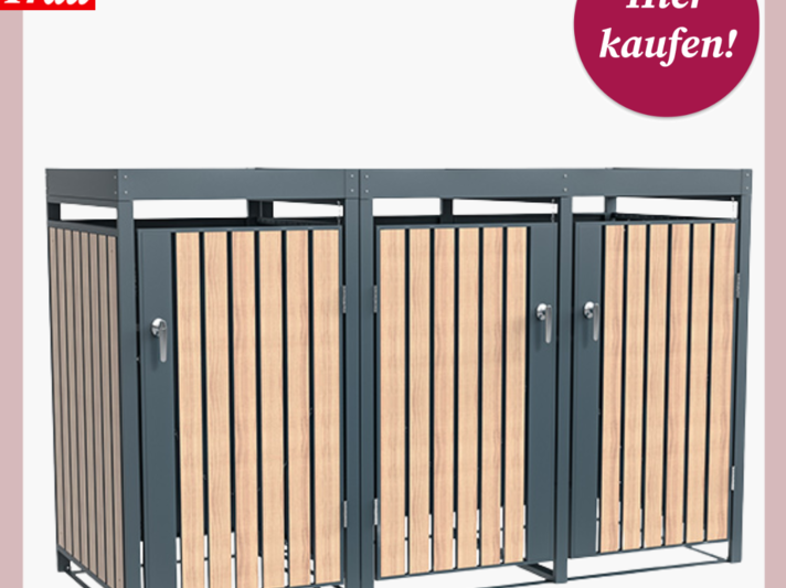 Stilvolle Mülltonnenbox von Tchibo aus Metall und Holz mit drei verschließbaren Fächern in modernem Design. | © Tchibo 