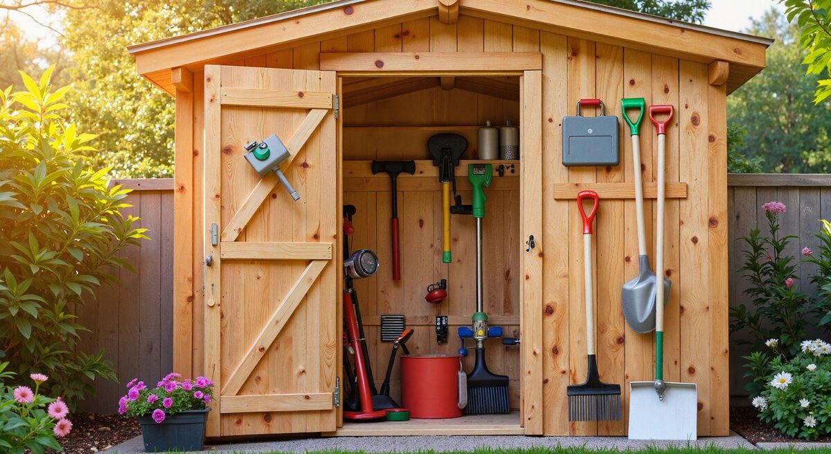 Ein hölzernes Gartenhaus mit geöffneter Tür, gefüllt mit Werkzeugen, Schaufeln und Rechen, umgeben von grünen Pflanzen und bunten Blumen.