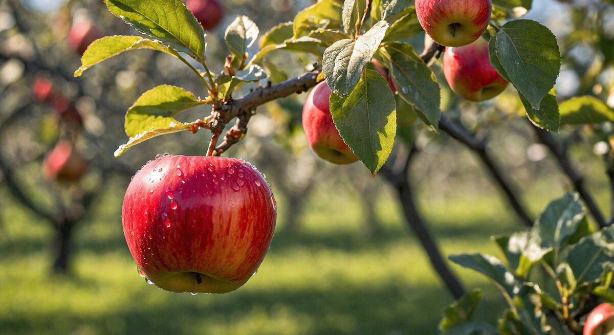 Ein roter Apfel mit Wassertropfen hängt an einem Zweig im Sonnenlicht, umgeben von grünen Blättern und weiteren Äpfeln im Hintergrund.