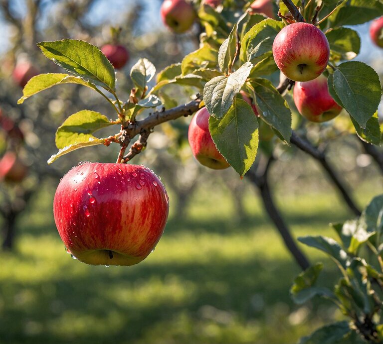 Ein roter Apfel mit Wassertropfen hängt an einem Zweig im Sonnenlicht, umgeben von grünen Blättern und weiteren Äpfeln im Hintergrund. | © Shutterstock/BongrakArt