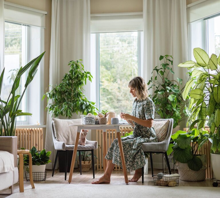 Eine Frau mit schulterlangem blondem Haar sitzt barfuß an einem Tisch in einem lichtdurchfluteten Raum mit großen, grünen Zimmerpflanzen. | © Shutterstock/Kostikova Natalia