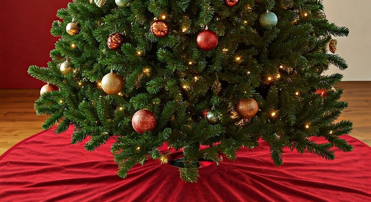Luxuröse, große Baumständerabdeckung liegt unter einem festlich geschmückten Weihnachtsbaum.