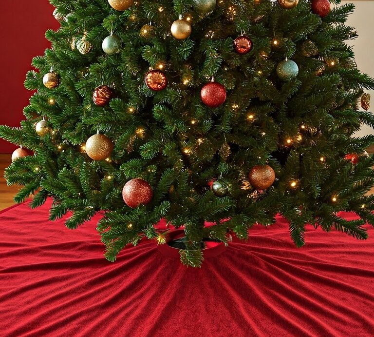Luxuröse, große Baumständerabdeckung liegt unter einem festlich geschmückten Weihnachtsbaum. | © Shutterstock/Shutterstock AI