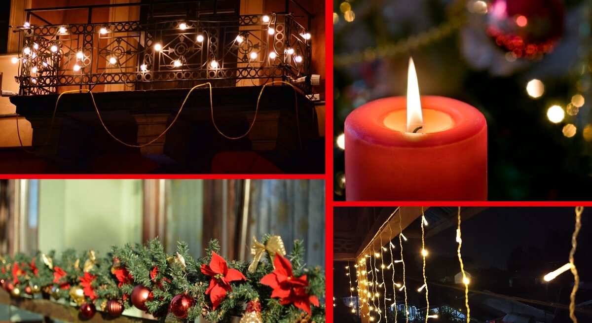 Collage mit beleuchtetem Balkon, roter Kerze, Weihnachtsbaumkugeln und Lichterketten bei Nacht, festlich dekoriert.