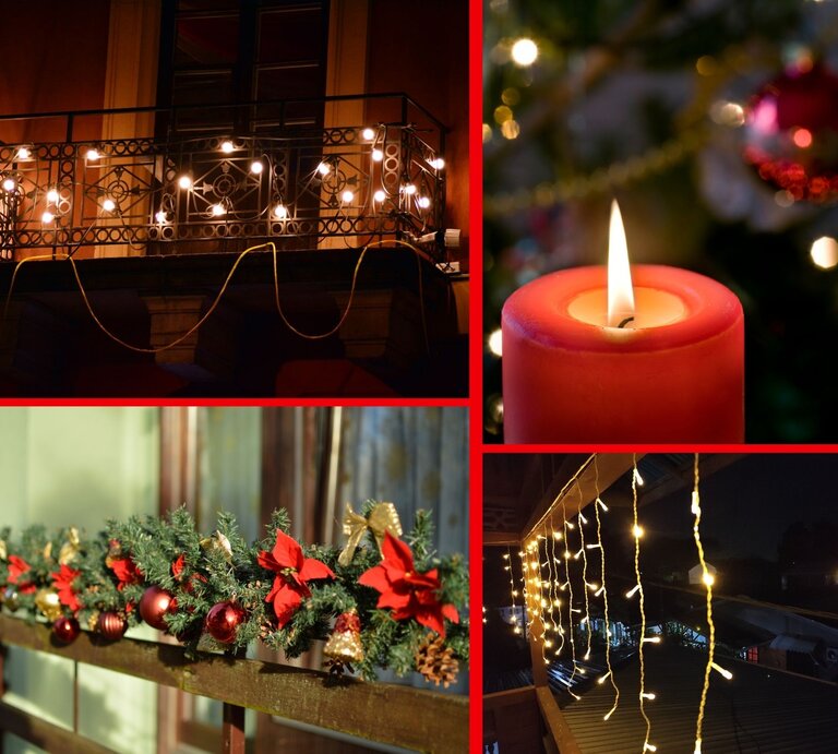 Collage mit beleuchtetem Balkon, roter Kerze, Weihnachtsbaumkugeln und Lichterketten bei Nacht, festlich dekoriert. | © Canva/Collage:bildderfrau.de