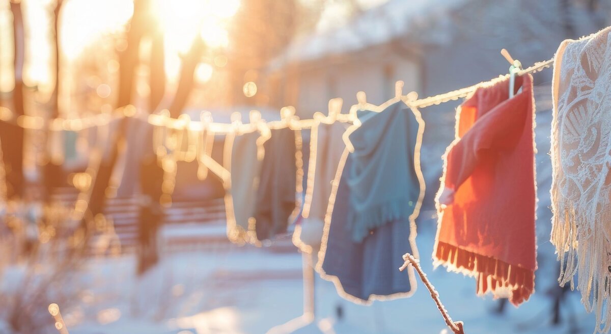 Bunte Schals und Tücher hängen an einer Wäscheleine in einer verschneiten Winterlandschaft, beleuchtet von goldenem Sonnenlicht.
