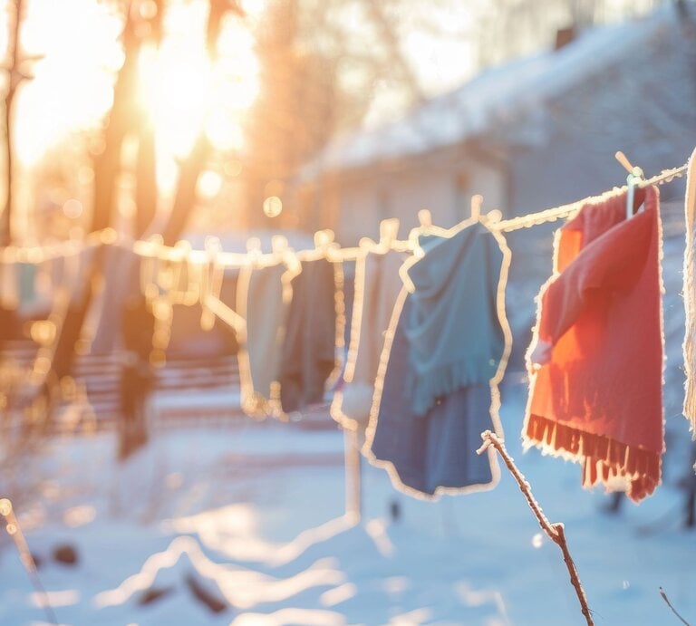 Bunte Schals und Tücher hängen an einer Wäscheleine in einer verschneiten Winterlandschaft, beleuchtet von goldenem Sonnenlicht. | © Adobe Stock/LimeSky (KI-generiert)