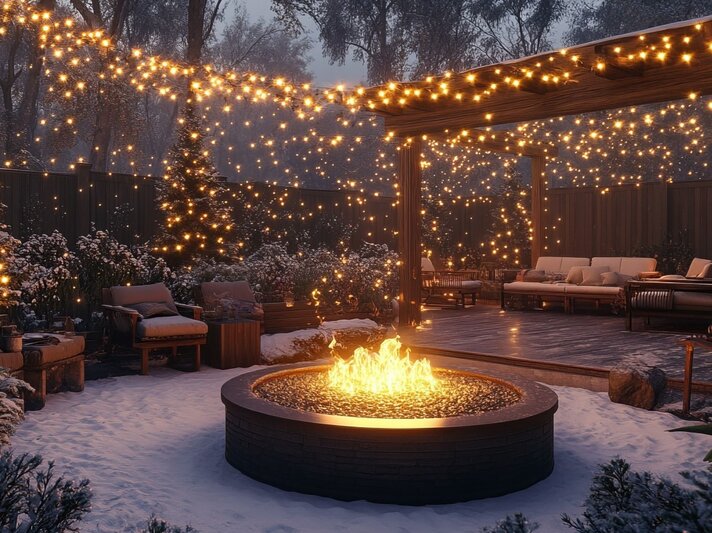 Ein schneebedeckter Garten mit brennender Feuerschale, umgeben von gemütlichen Sitzmöbeln und funkelnden Lichterketten. | © Adobe Stock/Viacheslav