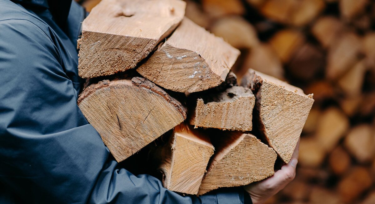 Eine Person in blauer Jacke trägt mehrere grob gespaltene Holzscheite vor einem Stapel Holz im Hintergrund.