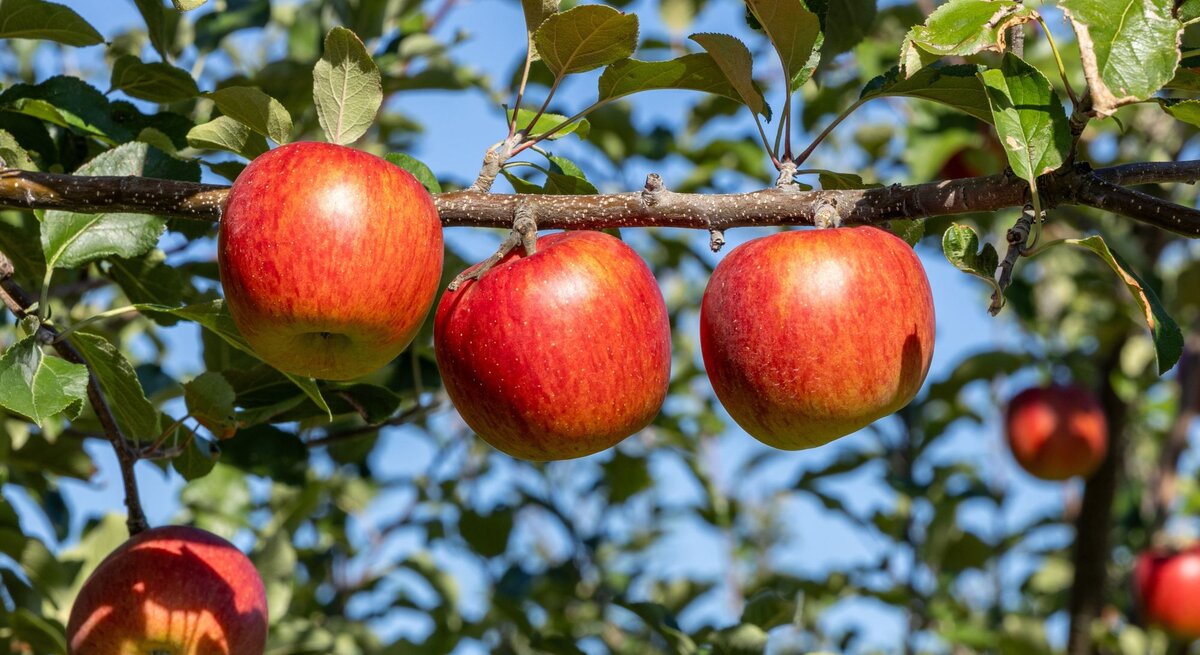 Drei reife, rote Äpfel hängen an einem Ast in der Sonne, umgeben von grünen Blättern und vor klarem, blauem Himmel.