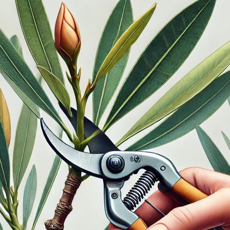 Illustration eines Oleander-Rückschnitts oberhalb einer Blattachsel mit korrekt positionierter Schere. | © erstellt mit ChatGPT 4