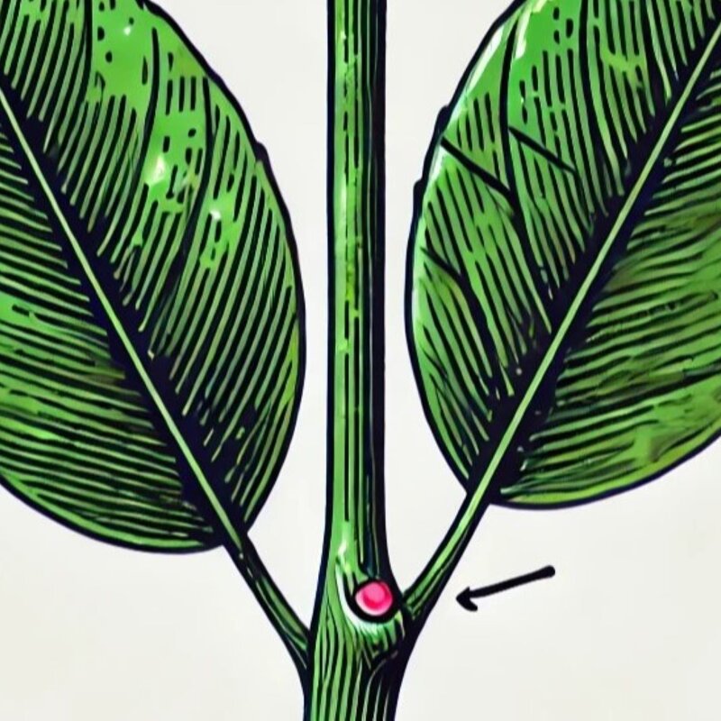Illustration eines Pflanzenstängels mit zwei großen grünen Blättern und roter Markierung für das Auge. | © erstellt mit ChatGPT 4