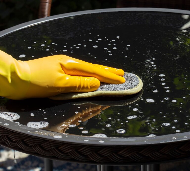 Eine Hand mit gelbem Gummihandschuh reinigt mit einem Schwamm einen nassen Glastisch, auf dem Seifenblasen schimmern. | © Shutterstock/ rigsbyphoto