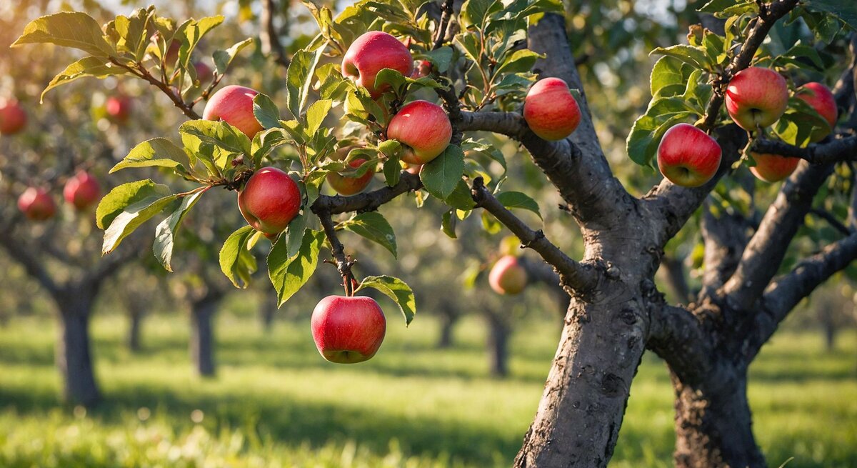Reife rote Äpfel hängen im Morgenlicht an Apfelbäumen in einem grünen Obstgarten.