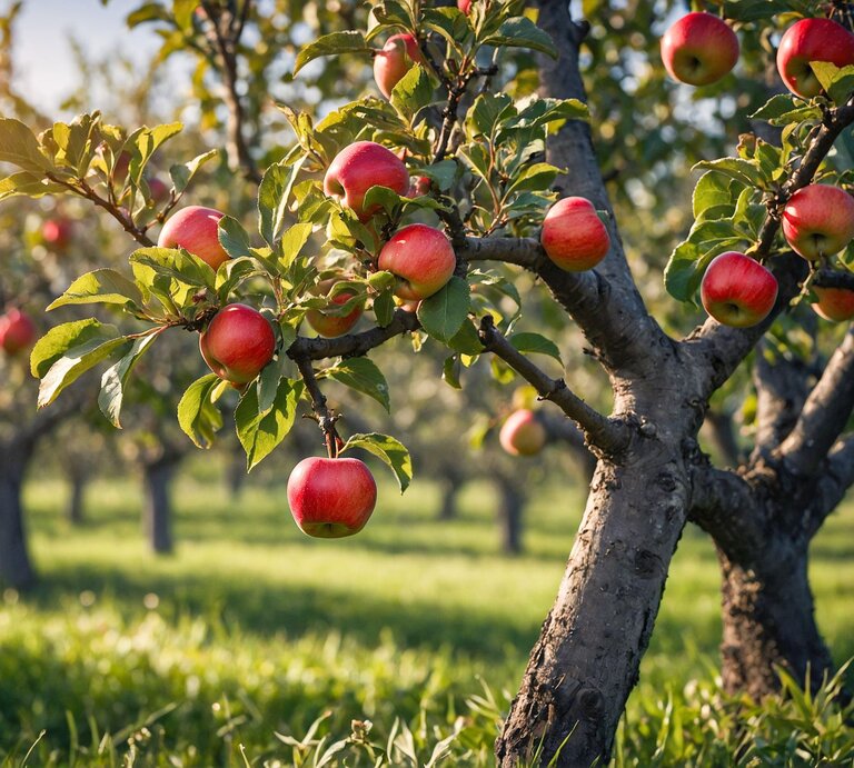 Reife rote Äpfel hängen im Morgenlicht an Apfelbäumen in einem grünen Obstgarten. | © Shutterstock/BongrakArt