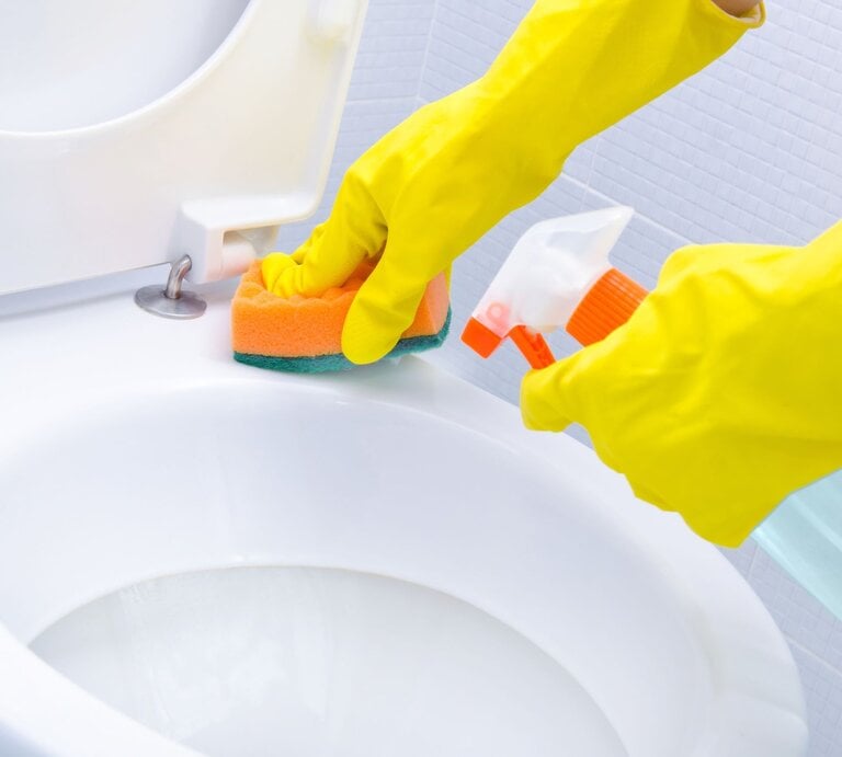 Hände in gelben Gummihandschuhen reinigen mit Schwamm und Sprayflasche eine weiße Toilettenschüssel vor gefliestem Hintergrund. | © Adobe Stock/Rasulov