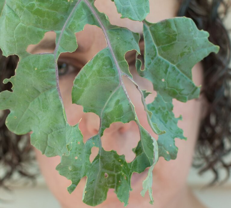 Eine dunkelhaarige Frau mit lockigem Haar blickt durch ein angefressenes Kohlblatt, das ihr Gesicht teilweise verdeckt. | © Adobe Stock / Julia Beatty
