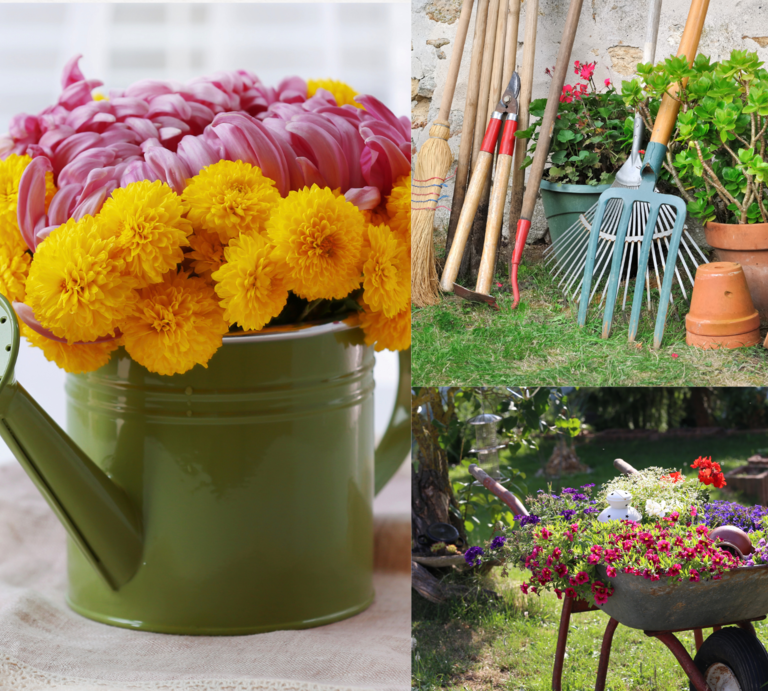 Eine Gießkanne mit gelben und rosa Blumen, Gartenwerkzeuge vor Töpfen und eine bepflanzte Schubkarre stehen in sommerlicher Gartenszene. | © Canva/Collage: bildderfrau.de