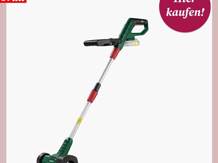 Elektrischer Fugenreiniger mit grünem Griff und zwei Rädern auf weißem Hintergrund, daneben ein "Hier kaufen!"-Button. | © Lidl 