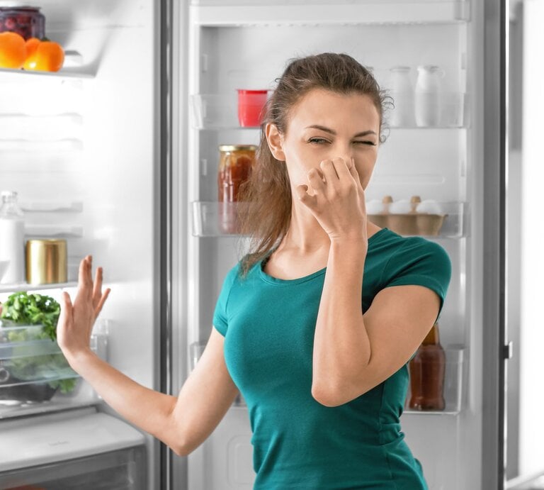 Junge Frau mit grünem Shirt hält sich die Nase zu und steht vor einem offenen, gefüllten Kühlschrank. | © AdobeStock/Pixel-Shot