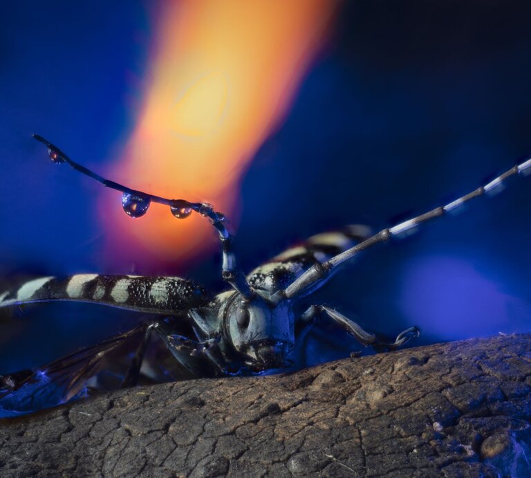 Nahaufnahme eines asiatischen Laubholzbockkäfers mit schwarz-weißem Panzer, Tautropfen auf Fühlern, vor leuchtend blau-orangenem Hintergrund. | © Adobe Stock /  Ipman65