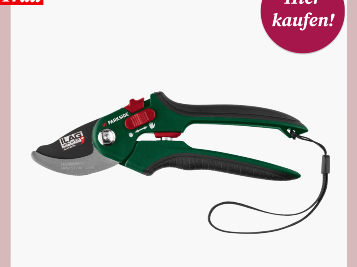 Professionelle Bypass-Gartenschere in Grün und Schwarz mit Stahlklingen und Sicherungsclip. | © Lidl 