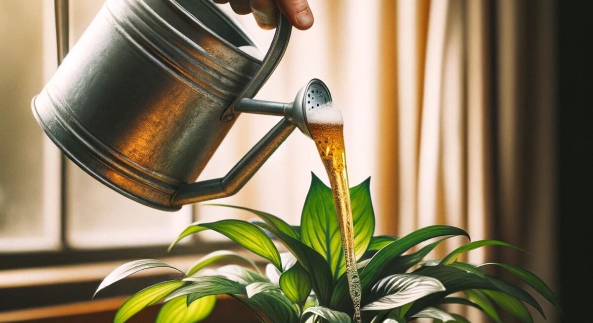 Eine Gießkanne schüttet abgestandenes Bier auf eine Zimmerpflanze.