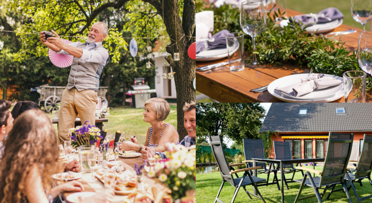 Fröhliche Gartenfeier mit lachendem älteren Mann, festlich gedecktem Holztisch und leeren Gartenstühlen vor modernem Haus.