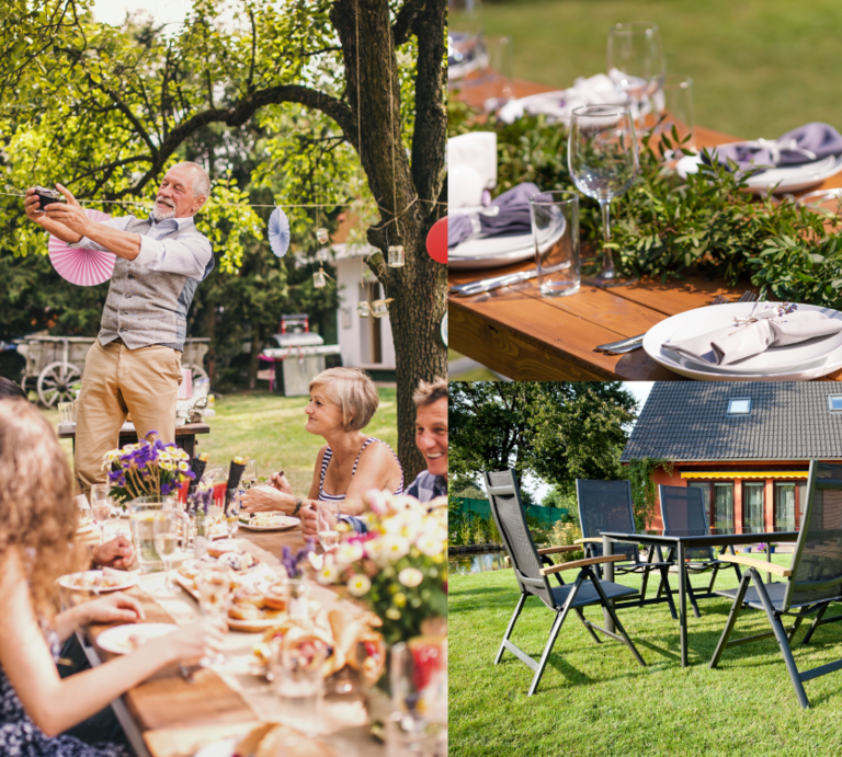 Fröhliche Gartenfeier mit lachendem älteren Mann, festlich gedecktem Holztisch und leeren Gartenstühlen vor modernem Haus. | © Canva/Collage:bildderfrau.de
