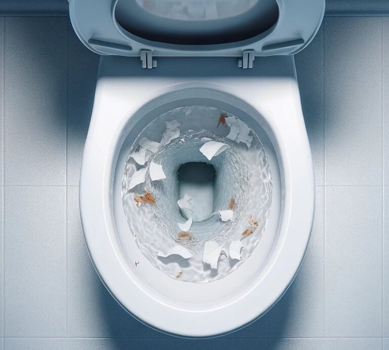 Eine geöffnete verstopfte Toilette | © erstellt mit ChatGPT 4