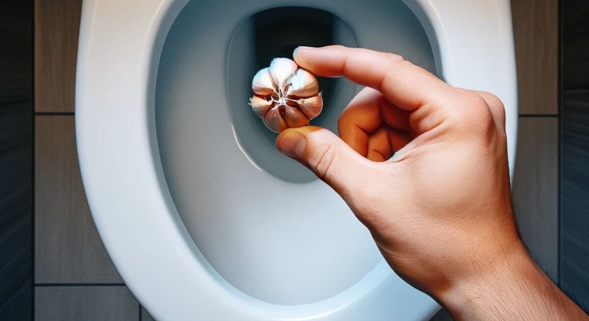 Eine Hand hält eine Knoblauchzehe über die geöffnete Toilette.